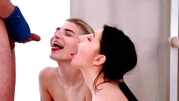 Dark haired skinny chick sharing one schlong with her blonde friend in an MFF